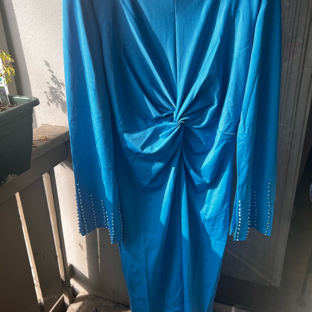 Blue Dress with Knot Detail: THRIFTY MODEST cocktail dress, stretchy 14(?)